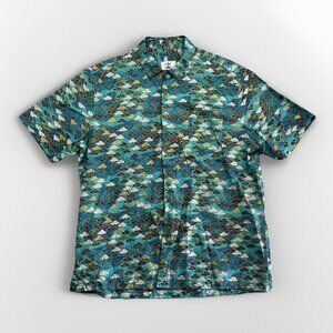 Oromen Sakura Wave Cloud AOP Golden / Blue Short Sleeve Button Up Shirt Size XXL